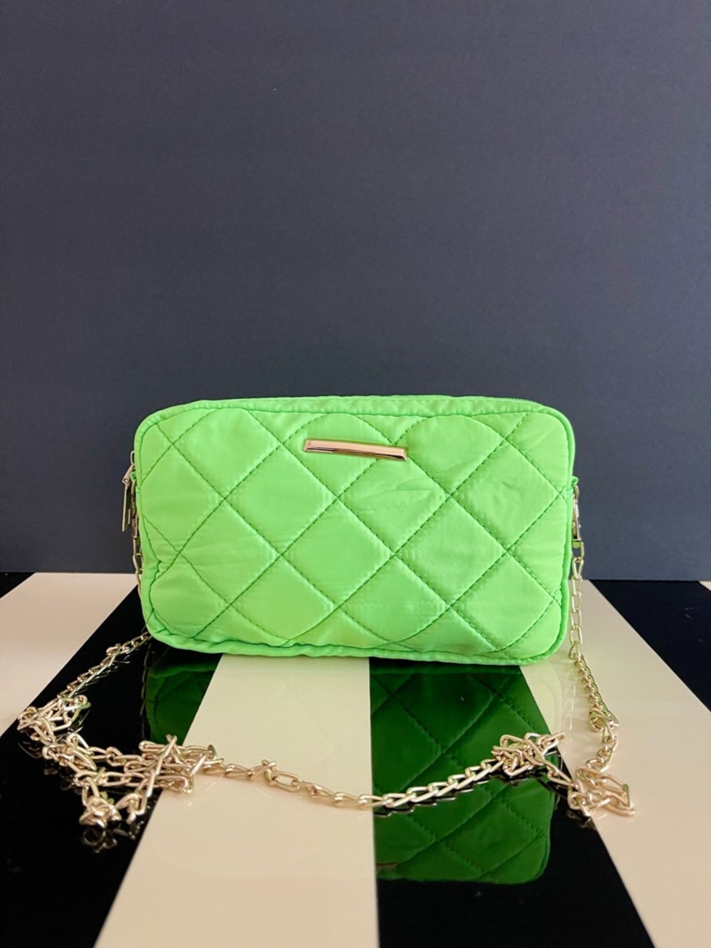 Quilted Neon Green Crossbody Bag with Gold Chain